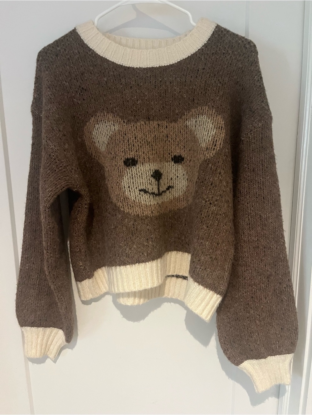 Anthropologie Luna Ivy Brown Teddy Bear Crewneck Sweater with Cream Trim